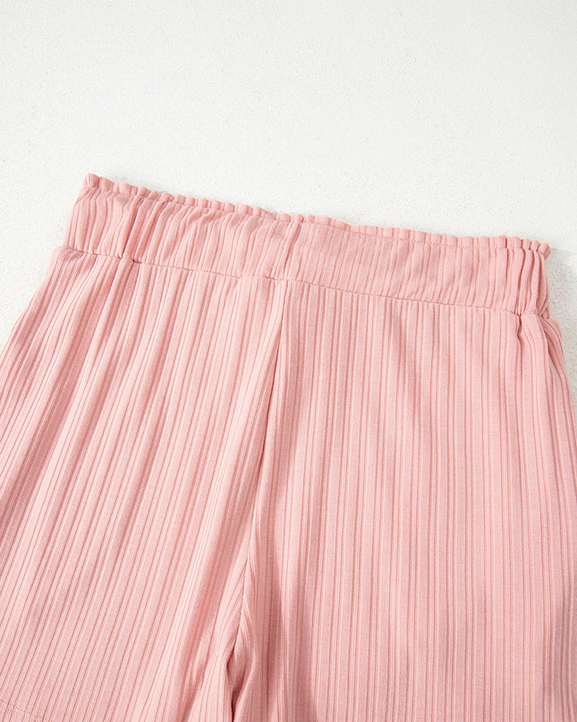 Gossamer Pink Ribbed Button V Neck Tank Top and Shorts Set