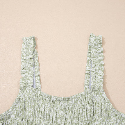 Green Smocked Bodice Square Neck Sleeveless Floral Jumpsuit