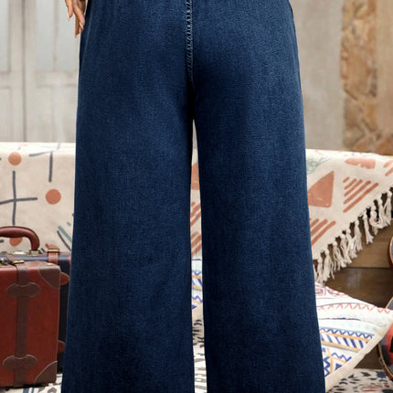 Sail Blue Plus Size Elastic Waist Ruffled Wide Leg Denim Pants