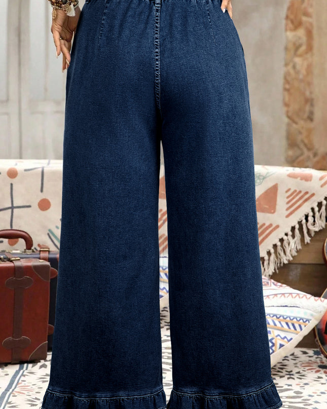 Sail Blue Plus Size Elastic Waist Ruffled Wide Leg Denim Pants
