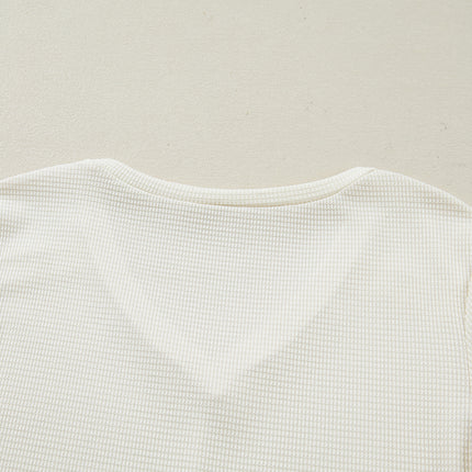 Beige Thermal Knit Lace Ruched Patchwork Long Sleeve V Neck Top