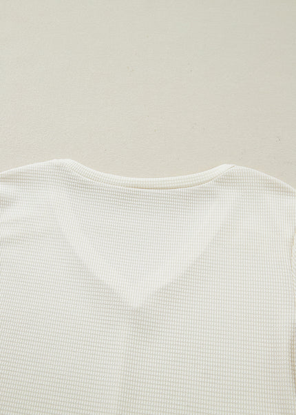 Beige Thermal Knit Lace Ruched Patchwork Long Sleeve V Neck Top