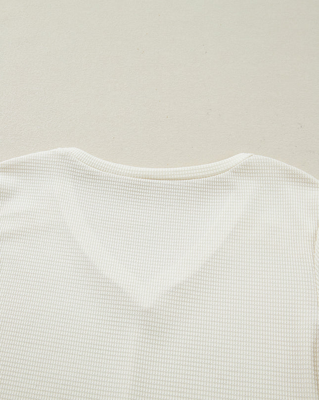 Beige Thermal Knit Lace Ruched Patchwork Long Sleeve V Neck Top