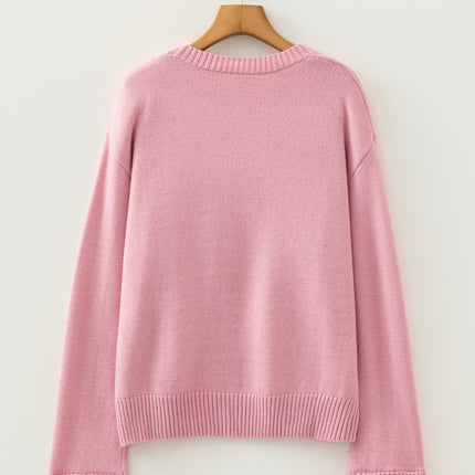 Light Pink Plaid Heart Embroidered Cuffed Drop Shoulder Crew Neck Sweater