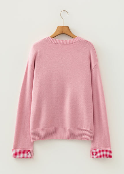 Light Pink Plaid Heart Embroidered Cuffed Drop Shoulder Crew Neck Sweater