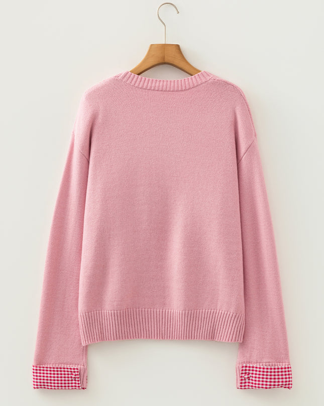 Light Pink Plaid Heart Embroidered Cuffed Drop Shoulder Crew Neck Sweater