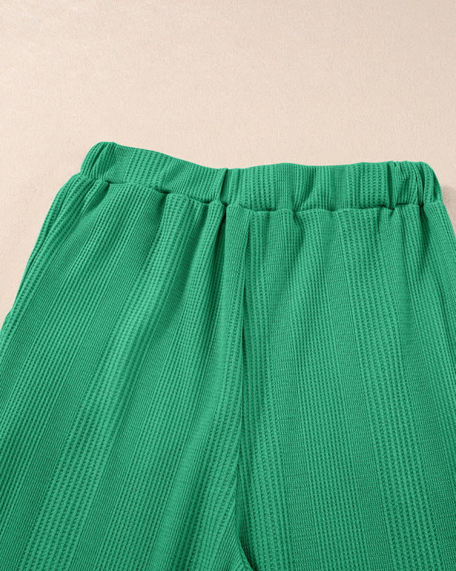 Beau Blue Solid Color Ribbed Ruffle Tank Top and Pants Set