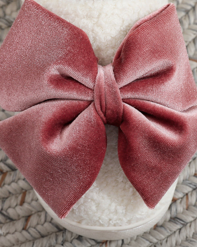 White Glister Ribbon Bow Decor Contrast Liner Plush Slippers