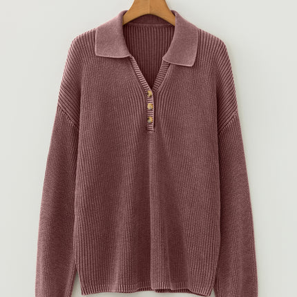 Dark Brown Washed Knit Button Polo Collar Loose Sweater