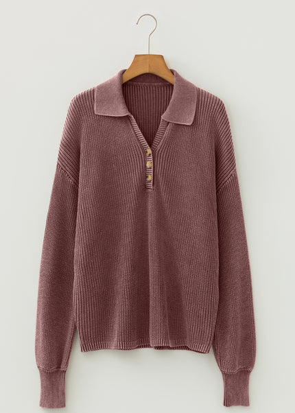 Dark Brown Washed Knit Button Polo Collar Loose Sweater