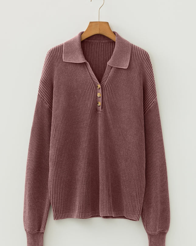 Dark Brown Washed Knit Button Polo Collar Loose Sweater