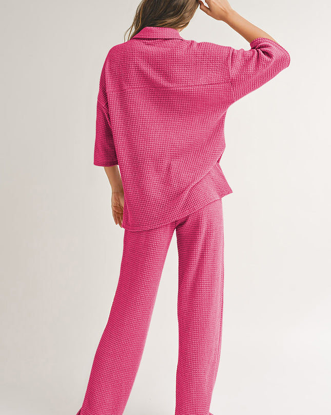 Rose Red Solid Color Textured Buttoned Shirt and Casual Pants Set