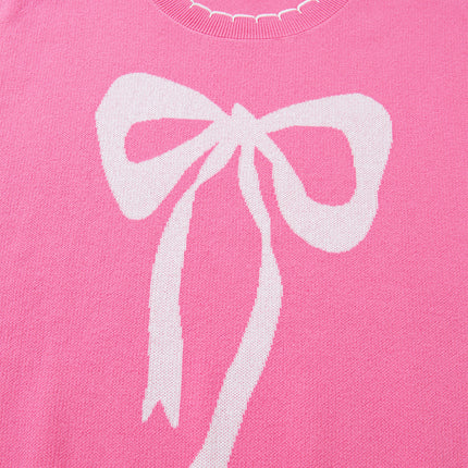Sachet Pink Big Ribbon Bow Print Contrast Stitch Trim Drop Shoulder Sweater
