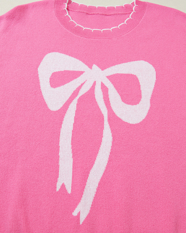 Sachet Pink Big Ribbon Bow Print Contrast Stitch Trim Drop Shoulder Sweater