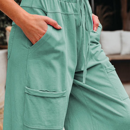 Bonbon Exposed Seam Drawstring Elastic Waistband Wide Leg Cargo Pants
