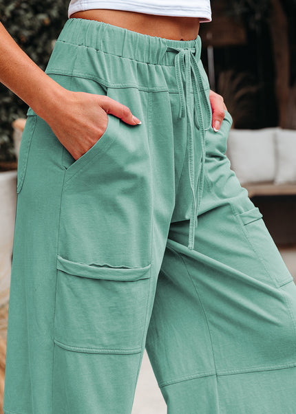 Bonbon Exposed Seam Drawstring Elastic Waistband Wide Leg Cargo Pants