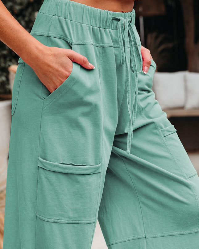 Bonbon Exposed Seam Drawstring Elastic Waistband Wide Leg Cargo Pants