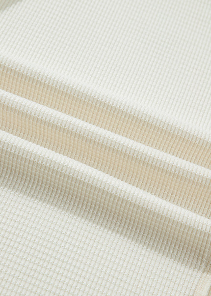 Beige Thermal Knit Lace Ruched Patchwork Long Sleeve V Neck Top