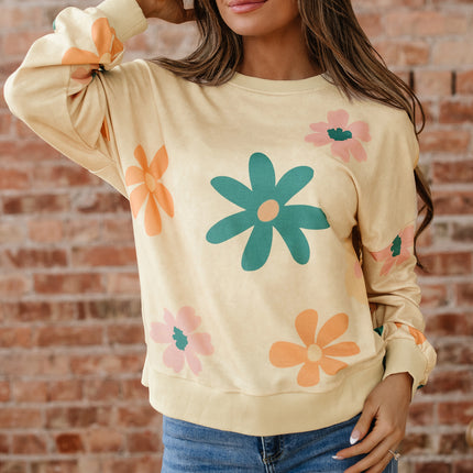 Khaki Washed French Terry Flower Print Sweatshirt