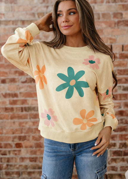 Khaki Washed French Terry Flower Print Sweatshirt