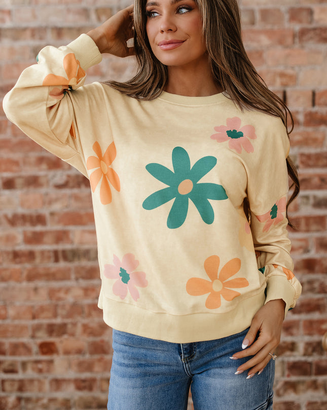 Khaki Washed French Terry Flower Print Sweatshirt