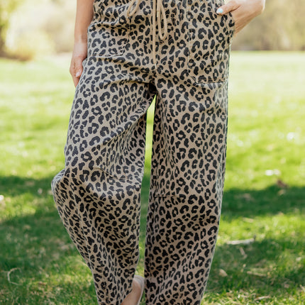 Khaki Leopard Print Drawstring Elastic Waist Loose Denim Pants with Pockets