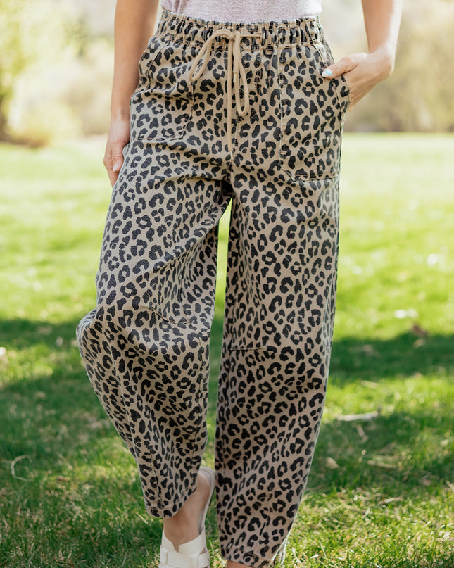 Khaki Leopard Print Drawstring Elastic Waist Loose Denim Pants with Pockets