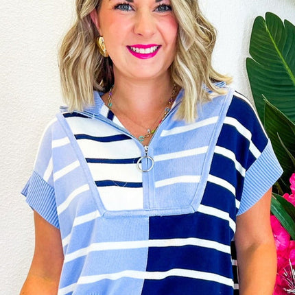 Black Stripe Colorblock Quarter Zip Collar Sweater Vest