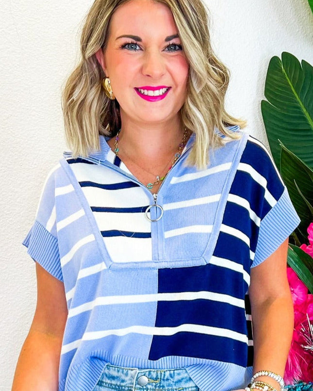 Black Stripe Colorblock Quarter Zip Collar Sweater Vest