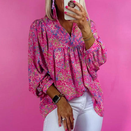 Bonbon Abstract Print Collared V Neck Babydoll Blouse