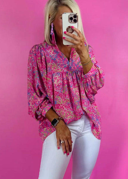 Bonbon Abstract Print Collared V Neck Babydoll Blouse