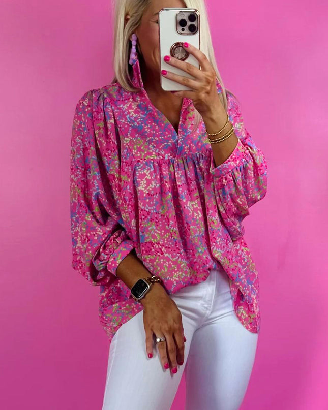 Bonbon Abstract Print Collared V Neck Babydoll Blouse