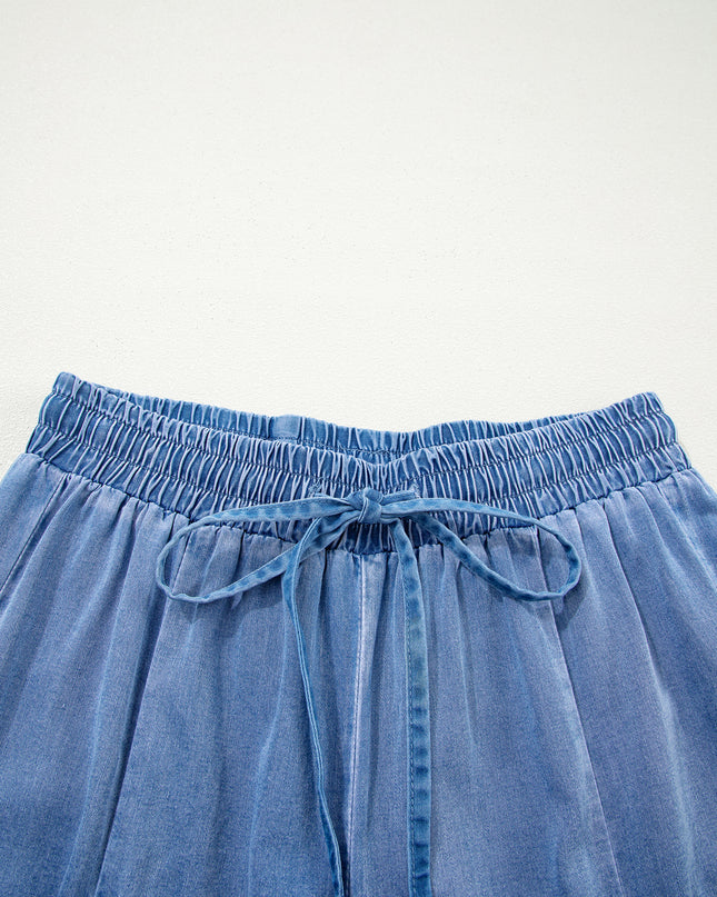 Beau Blue Drawstring Elastic Waist Pocketed Loose Denim Pants
