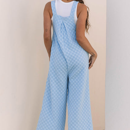 Beau Blue Checkered Pocketed High Waist Wide Leg Overall