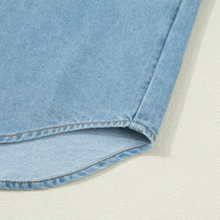 Myosotis Ruffle Detail Short Puff Sleeve Button Down Flap Pocket Denim Shirt