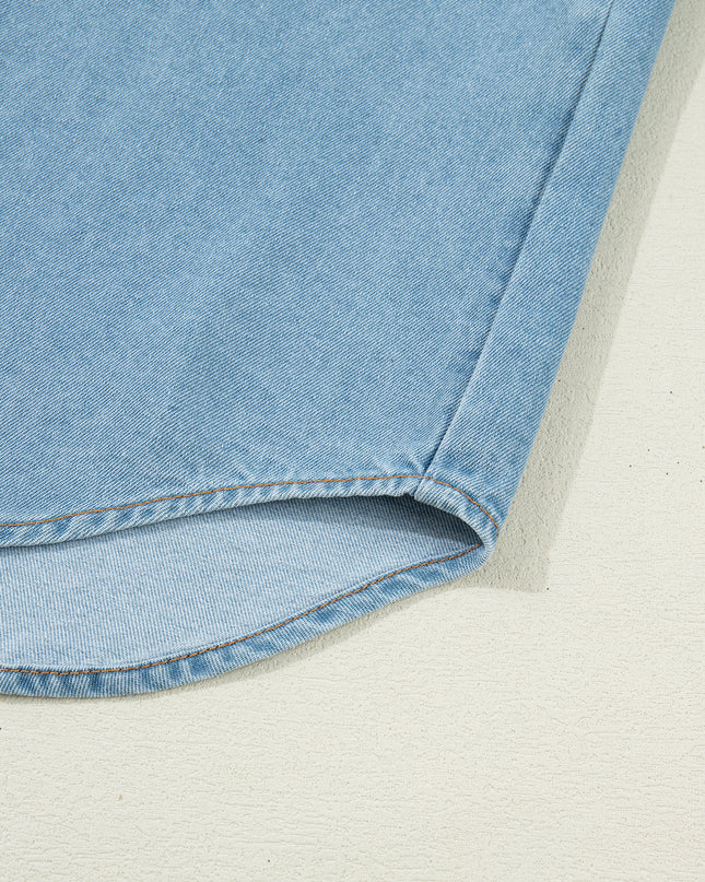 Myosotis Ruffle Detail Short Puff Sleeve Button Down Flap Pocket Denim Shirt