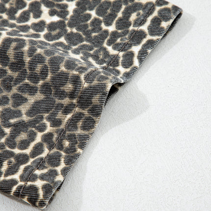Gray Vintage Leopard Print Short Sleeve Loose Cotton Denim Shirt