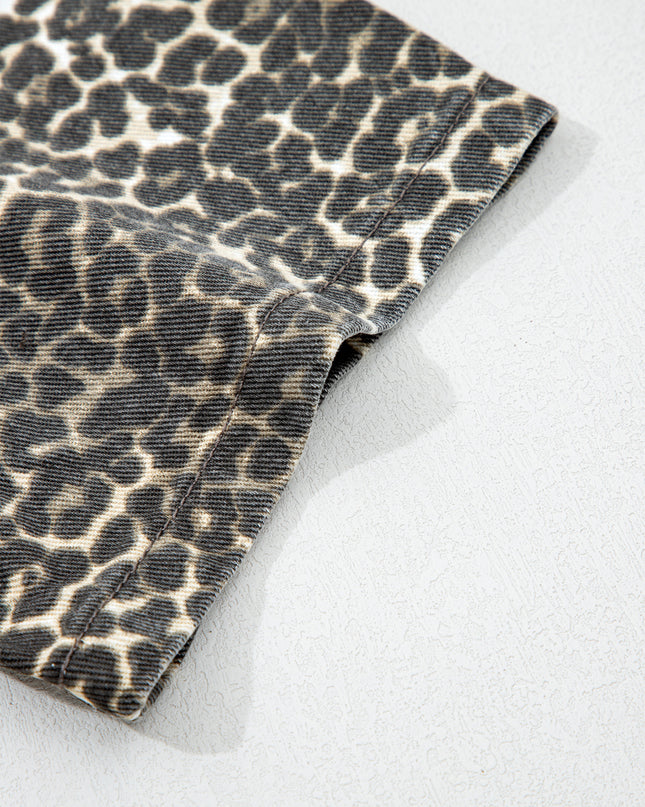 Gray Vintage Leopard Print Short Sleeve Loose Cotton Denim Shirt