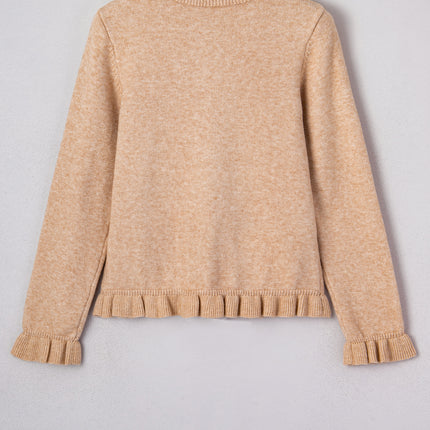 Oatmeal Ruffle Trim Gold Button Sweater Cardigan