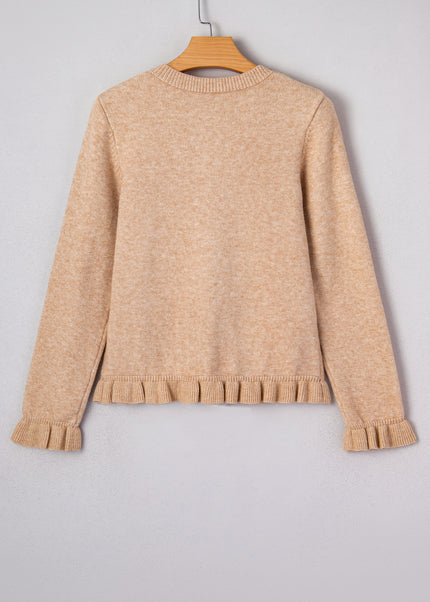Oatmeal Ruffle Trim Gold Button Sweater Cardigan