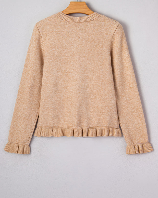 Oatmeal Ruffle Trim Gold Button Sweater Cardigan