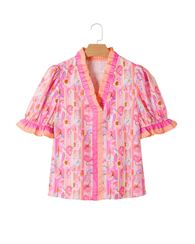 Pink Poppy Flower Striped Print Color Block Trim V Neck Short Sleeve Blouse