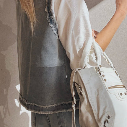 Beau Blue Frayed Edge Flap Pockets Denim Vest Jacket