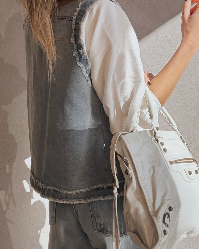 Beau Blue Frayed Edge Flap Pockets Denim Vest Jacket