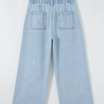 Beau Blue Studded Side Slit Leg Frayed Pocketed Wide Leg Jeans