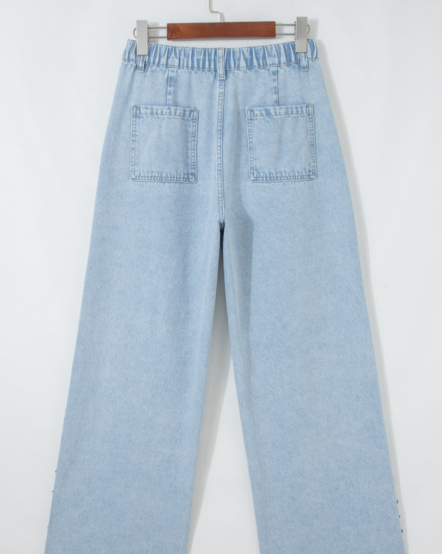Beau Blue Studded Side Slit Leg Frayed Pocketed Wide Leg Jeans