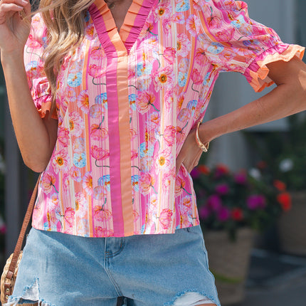 Pink Poppy Flower Striped Print Color Block Trim V Neck Short Sleeve Blouse