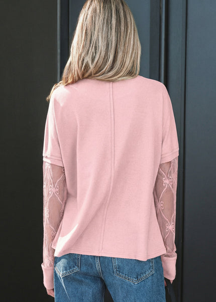 Light Pink Solid Color Bow Textured Patchwork Long Sleeve Tee