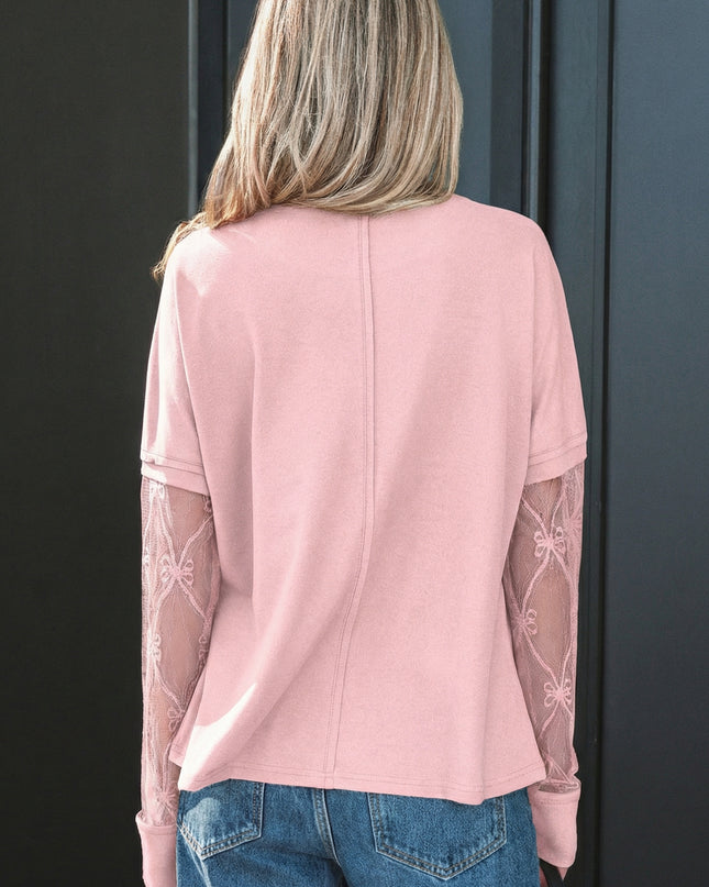 Light Pink Solid Color Bow Textured Patchwork Long Sleeve Tee