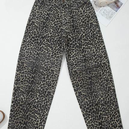 Black Leopard Print High Waist Barrel Jeans